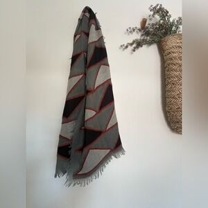 Frye Geometric Wool Blend Scarf Gray Red Oversized Fringe Wrap 79"